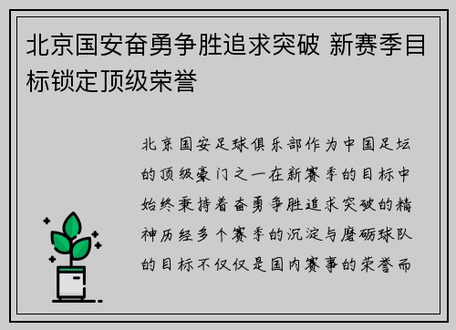 北京国安奋勇争胜追求突破 新赛季目标锁定顶级荣誉 北京国安奋勇争胜追求突破 新赛季目标锁定顶级荣誉